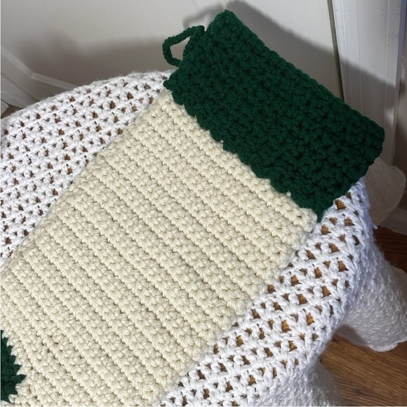 Handmade Crochet Christmas Stocking Cream Green Chunky Knit 2 Skein Christmas - Picture 10 of 17